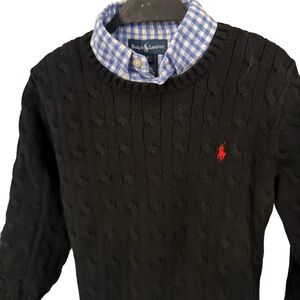 Ralph Lauren Boy 2 PC Set Black Cable Knit Sweater+ Blue/ White Check Shirt Sz 7